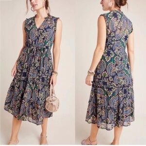 Anthropologie Elmira Ruffle Midi Dress Bohemian Paisley Flowy Tiered Size 10